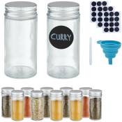 Relaxdays - Set pots à épices, lot de 12, saupoudrage, verre, 120 ml, étiquettes, stylo & entonnoir, transparent/argenté