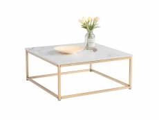 Table basse de salon carré effet marbré structure en métal doré, style rétro industriel, blanc, 80x80x34cm
