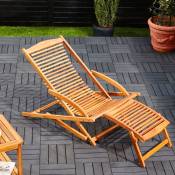 Chaise longue en bois d'acacia Bain de soleil ergonomique avec appui tête Transat jardin Repose pieds amovible - Casaria