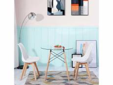 Ensemble de table et chaises scandinave - table ronde en verre avec pieds en bois et 2 chaises blanches au design épuré, dimensions 54x54x82cm