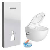 Pack wc Bâti support en verre trempé/aluminium brossé avec plaque intégrée, Blanc + wc sans bride sat, fonction bidet - Vitra