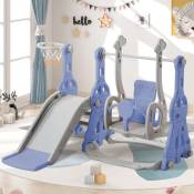 Toboggan pour enfants 4 en 1, balançoire avec support de basket-ball, échelle d'escalade, balançoire, toboggan de jardin intérieur et extérieur - Bleu