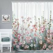 Linghhang - Rideau de douche carré coloré pour salle de bain - Avec 12 anneaux blancs - 180 x 180 cm - Moderne - Décoratif - Fleurs roses