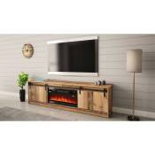 Meuble TV 200x57x35 cm couleur vieux bois GRANGE Avec Cheminée chauffante intégrée meuble Hi-fi à poser