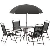 Outsunny Ensemble salon de jardin 6 pcs - table ronde + 4 chaises pliables + parasol - acier époxy café textilène polyester noirnull