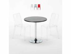 Table ronde noire 70x70cm avec 2 chaises colorées et transparentes set intérieur bar café cristal light gold