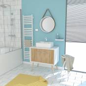 Aurlane - meuble salle de bain scandinave blanc et bois 80 cm sur pieds, vasque a poser et miroir rond - bois