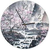 Horloge Murale Paysage Fleuri et Cerisiers en Éclosion