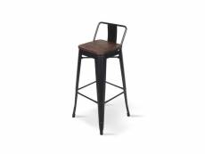 Kosmi - tabouret de bar en métal noir mat et assise en bois foncé avec dossier, chaise de bar tabouret métal et bois haut hauteur 66cm idéal pour une