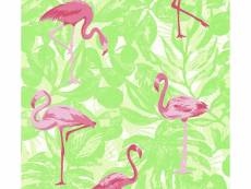 Papier peint feuilles tropicales avec des flamants roses vert et rose - as-359802 - 53 cm x 10,05 m AS-359802