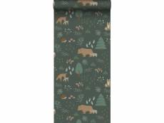 Papier peint forêt avec des animaux de la forêt vert foncé et beige - 139249 - 0,53 x 10,05 m 139249