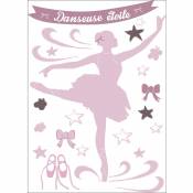 Sticker autocollant décoratif, illustration de la danseuse étoile qui tourne autour des étoiles et rubans tout en rose, 68 cm x 48 cm - Rose