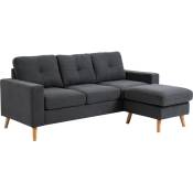 Canapé d'angle 3 places design scandinave - dossier effet capitonné, repose-pied amovible - piètement bois tissu anthracite - Gris