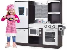 Costway cuisine enfant en sapin avec tableau noir & rideau, cuisiniere enfants avec lumière & effet sonore, réfrigérateur & four, jeu de cuisine pour
