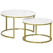 HOMCOM Lot de 2 tables basses gigognes rondes plateau MDF Blanc aspect marbre et pied en métal doré