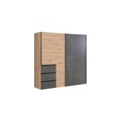 Meubletmoi - Armoire 200 cm 2 portes coulissantes 3 tiroirs décor bois béton - thor