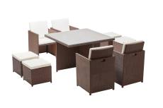 Table et chaises 8 places encastrables résine marron/blanc