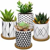 BESTA 4PCS Pot de Fleur, Mini Pots de Plantes Succulentes en Céramique avec Plateau en Bambou pour Petites Plantes Fleurs Cact