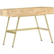 Bureau en bois avec tiroirs décorés. Couleur : brun