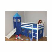Decoshop26 Lit mezzanine 90x200cm avec échelle toboggan en bois laqué blanc et toile bleu incluse LIT06009