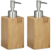 Distributeur de savon, lot de 2, bambou, pompe manuelle, HxLxP : 18 x 6,5 x 8 cm, 240 ml capacité, lotion design, nature