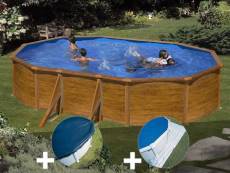 Kit piscine acier aspect bois gré sicilia ovale 5,27 x 3,27 x 1,22 m + bâche hiver + tapis de sol