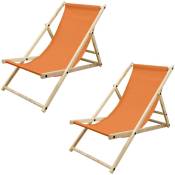 Lot de 2 Chaise Longue en Bois de Pin - Orange - Pliable - 120 kg - Réglable à 3 Positions - Bain de Soleil - Intérieur et Extérieur - Fauteuil Relax