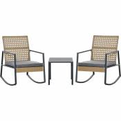 Outsunny - Ensemble de jardin 3 pièces style colonial 2 fauteuils à bascule avec coussins assise gris table basse métal époxy résine tressée beige