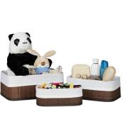 Relaxdays - Boîte rangement en bambou, lot 3, paniers ouverts rectangulaires, revêtement tissu, salle de bain, marron