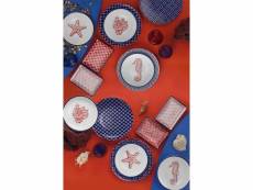 Service de table 18 pièces melkart 100% porcelaine motif faïence et animaux marin blanc, bleu et orange