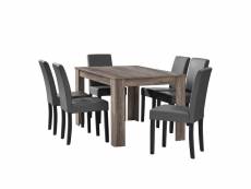 Table à manger en chêne ancien avec 6 chaises gris-foncé