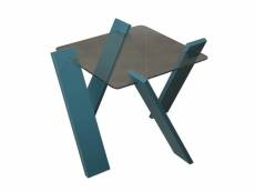 Table basse carrée perspicuus bois turquoise et verre