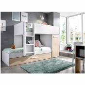 Befara - lit superposé train avec lit d'appoint et armoire lucas - Blanc / Naturel - Blanc / Naturel