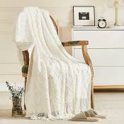 Fortuneville - Couverture tricotée pour canapé et lit, couverture tricotée douce et confortable, couverture décorative légère et couverture blanc