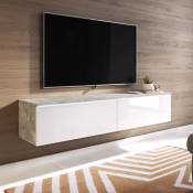 Mara - Meuble tv contemporain beige béton et laqué blanc avec led 2 portes - 140 cm - Beige