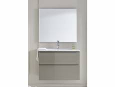 Meuble de salle de bain avec 2 tiroirs suspendus taupe brillant avec plan moulé + miroir - longueur 100 x hauteur 56 x profondeur 46 cm