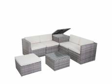 Salon de jardin en polyrotin canapé fauteuils tabouret table compartiment de rangement gris, coussins crème 04_0004230