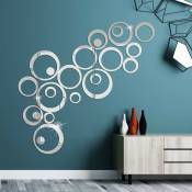 24 Pièces Sticker Mural cercle 3D, Acrylique Miroir Décalques Autocollant Miroir Sticker- Silver