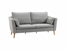 Canapé 2 places design scandinave piètement effilé incliné bois hévéa tissu aspect lin gris