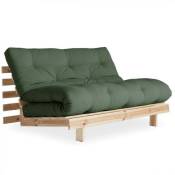 Canapé convertible futon ROOTS pin naturel coloris vert olive couchage 140200 cm. - vert