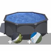 Gre Kit piscine acier gris anthracite Gré Louko ronde 3,20 x 1,22 m + Bâche d'hivernage + Tapis de sol