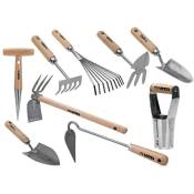 Kit 9 outils de jardin Manche bois Hêtre Inox et Fer