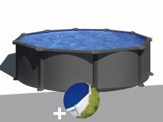 Kit piscine acier gris anthracite gré juni ronde 3,70 x 1,32 m + bâche à bulles