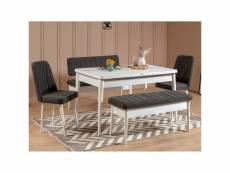 Set table extensible, 2 chaises, banc et banquette malva bois clair et tissu anthracite