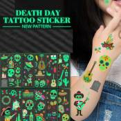 Xinuy - 10 mexicain jour des morts lumineux fluorescent tatouage autocollants enfants dessin animé étanche guitare Halloween crâne tatouages
