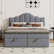 Cadre de lit tapissé avec rangement sous le lit et tête de lit, 140 x 200 cm, lit plat relevable, sommier à lattes en bois, cadre de lit double en