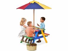 Costway table de pique-nique colorée, table de jardin en bois pour enfants avec parasol en h140 x ø 120 cm
