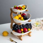 Senderpick - Bols à fruits Support à fruits en céramique 3 étages Plateau à fruits en porcelaine Support ovale en bois de bambou Corbeille à fruits