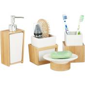 Accessoires salle de bain bambou céramique Set 4 pièces distributeur savon gobelet brosse à dent, nature blanc - Relaxdays