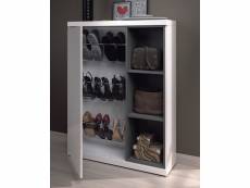 Dmora meuble d'entrée avec une porte utilisée pour l’étagère à chaussures, trois étagères latérales et un miroir, couleur blanche brillante et gris ce